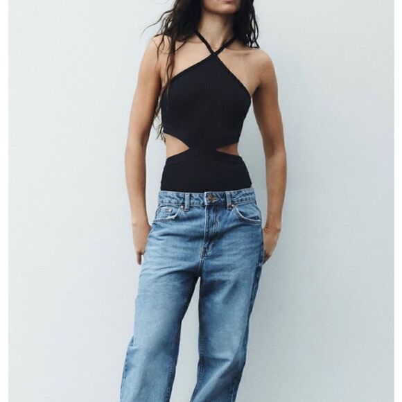 NWT Zara Black Ribbed Cutout Halter Neck Bodysuit, Size Small - Picture 2 of 12